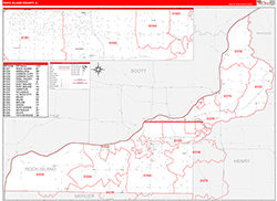 Rock Island County, IL Wall Map Zip Code Red Line Style 2026